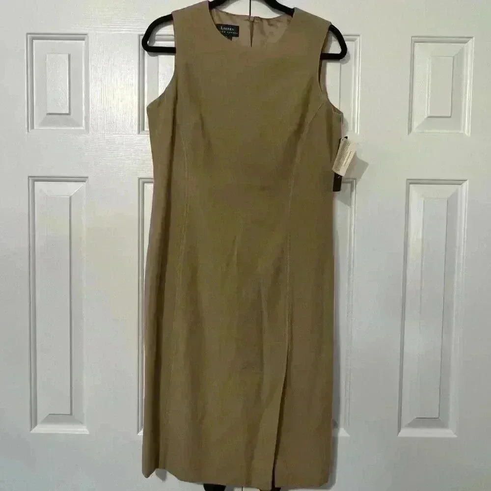 NWT Lauren Ralph Lauren Women’s Dress Wool Tan Sheath Sleeveless Sz 10‎ Woolmark